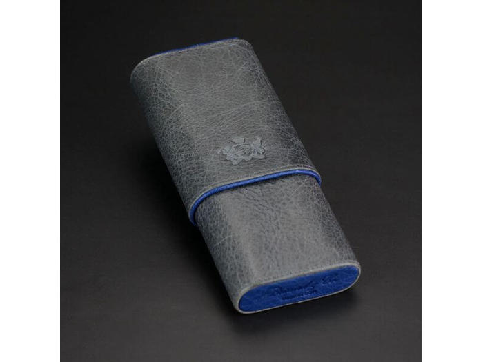 Brizard Cigar Case Gordo Grey Full grain leather & Blue Ostrich